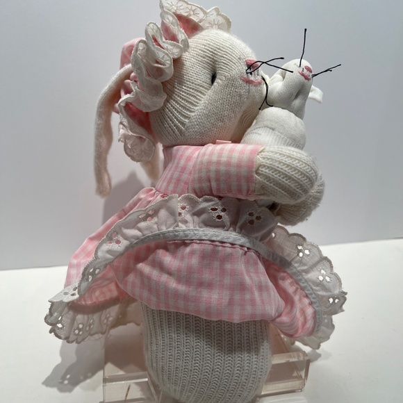 Vintage Handcrafted Socks and Pink Gingham Bunny Mommy and Baby Bunny - Picture 8 of 13